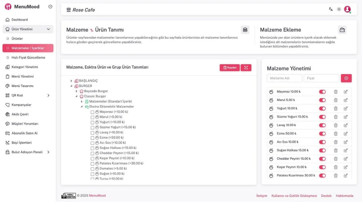 Malzeme İçerik Yönetim Paneli - MenuMood.com