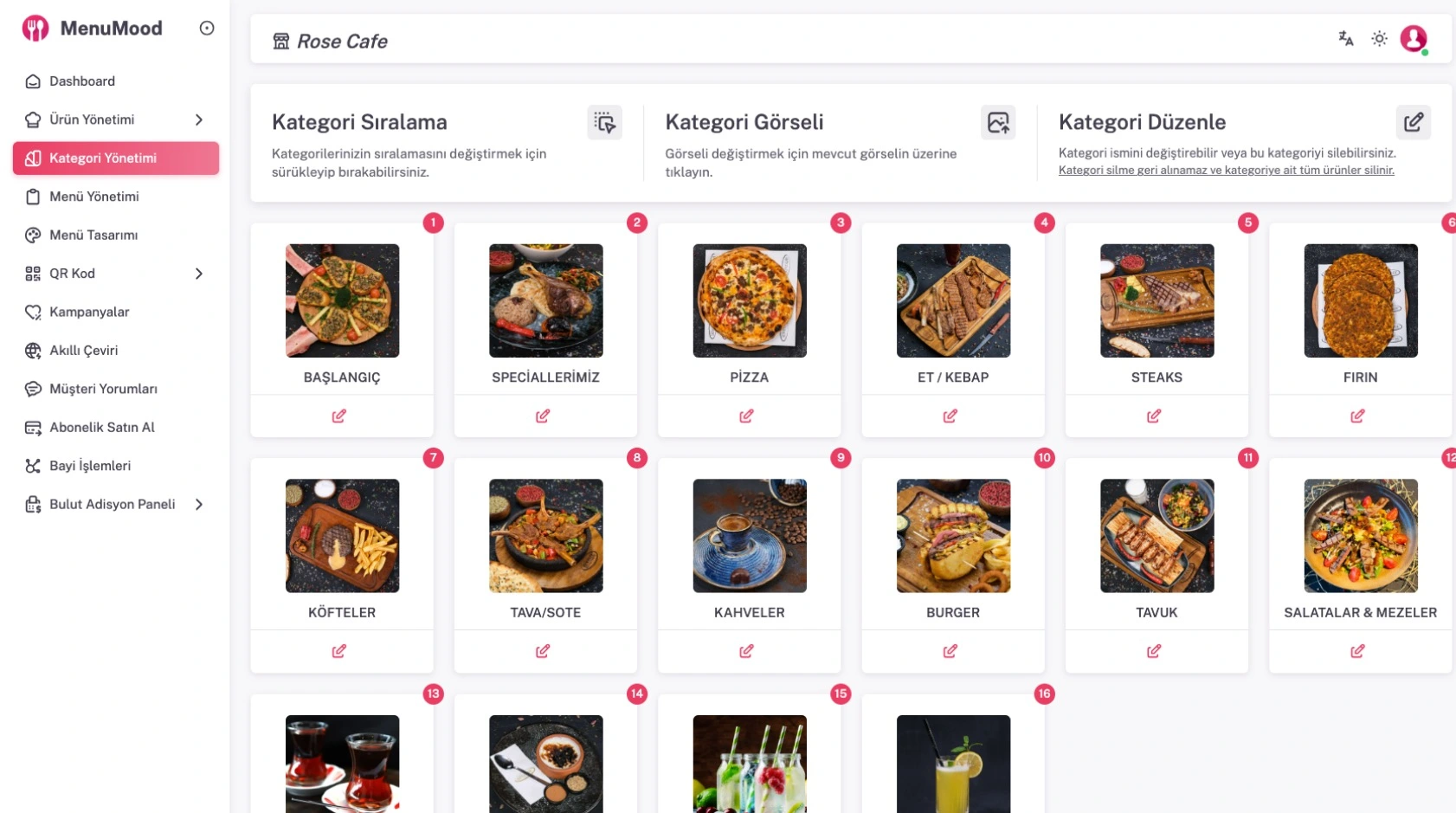Dijital QR Menü Kategori Yönetim Paneli - MenuMood.com